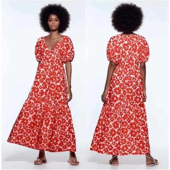 ZARA Printed Poplin Puff Sleeve Maxi Dress Floral Red Size‎ XS - Picture 1 of 10